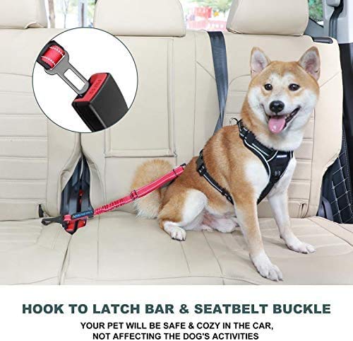 Image of IOKHEIRA Dog Seat Belt 3-in-1 Car Harness for Pets Adjustable Safety Seatbelt Nylon Reflective Bungee Fabric Dog Car Harness with Clip Hook Latch & Buckle, Swivel Zinc Alloy Carabiner Red