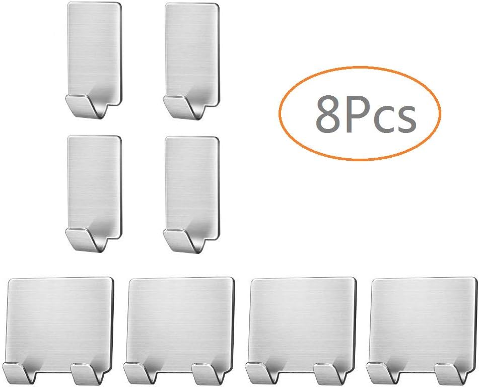 Adhesive Hooks, Strong Stainless Steel Shaver Hook Razor Holder Wall Hanger for Bathrobe Towel Coat Keys Bathroom Kitchen Organizer 8Pack