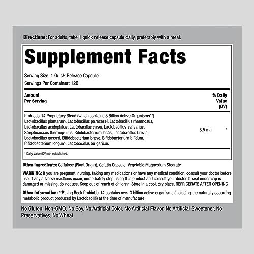 Piping Rock Probiotic Acidophilus 14 Strains 3 Billion Organisms | 120 Capsules | Non-Gmo, Gluten Free Supplement #TOP1