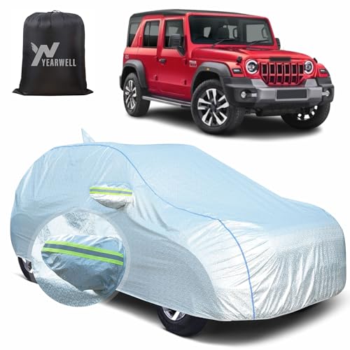 Image of Car Body Cover for Mahindra Thar Roxx, 100% Waterproof, Heat-Resistant with Mirror & Antenna Pockets, Soft Cotton Lining, Triple Stitched, Green Reflector (Reflective Silver)