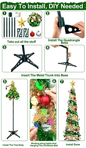 5 Ft Pencil Christmas Tree With Lights Timer Balls Ornaments 50 Multi- Color Led 3D Star Sequins Tinsel Full Christmas Tree Decorations Home Indoor Outdoor Holiday Room Xmas Decor(Gold Green) #TOP5