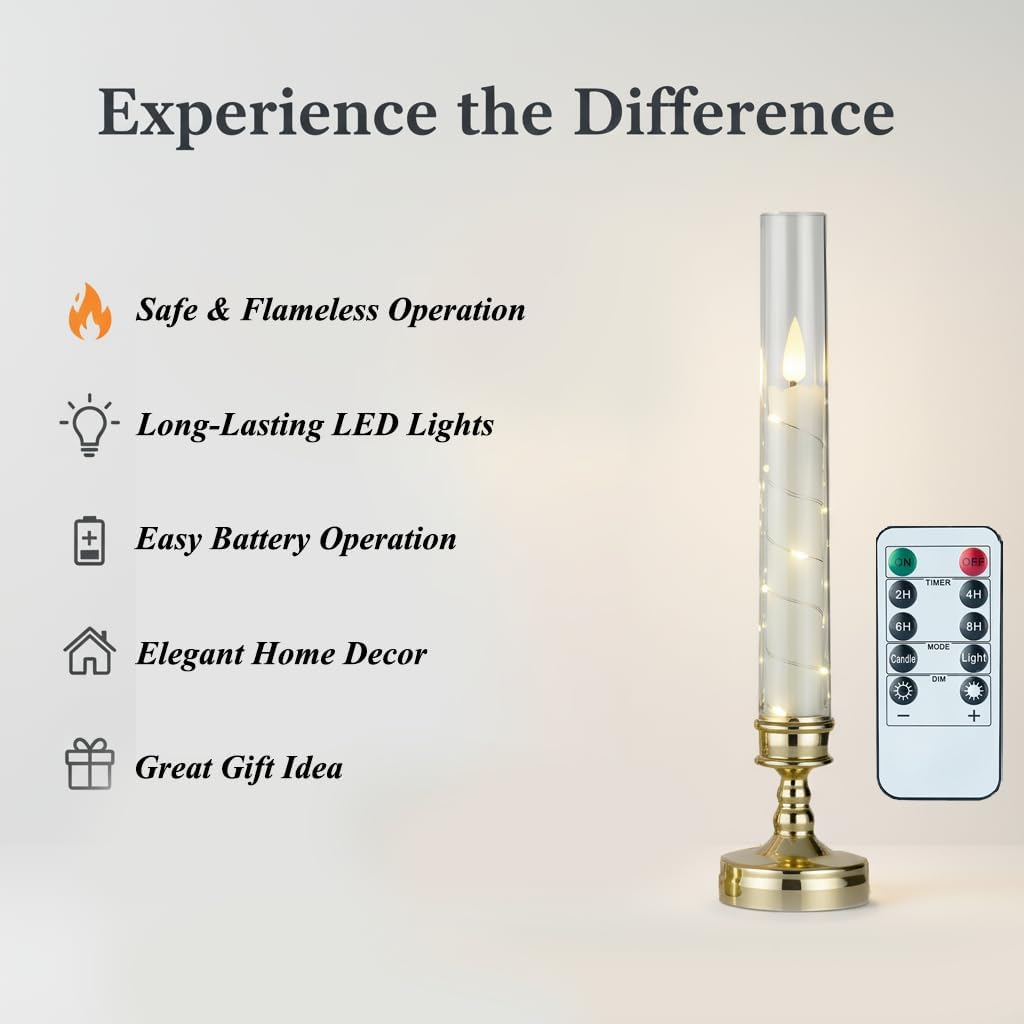 9PCS Flameless Pillar Candles with Remote and Timer,Fake Candles Romantic Design with Built-in Star String Lights, Gold Candles Battery Operated