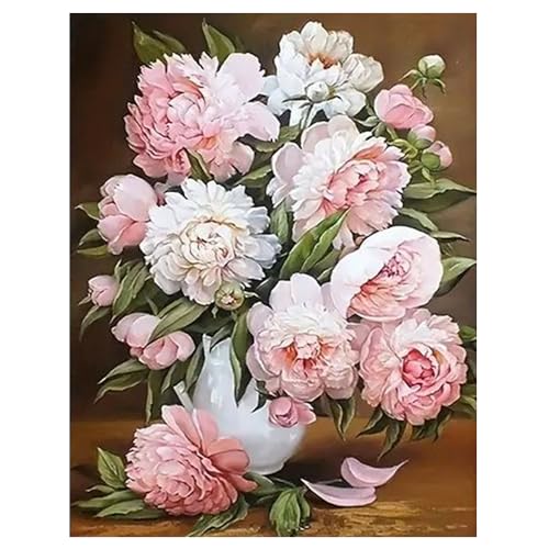 DCIDBEI Peinture diamant Pivoines 40 x 50 cm Peinture diamant Fleurs roses Fleur de vie Fleurs asiatiques Peinture par numéros Adultes Pivoines Brodées Images à...