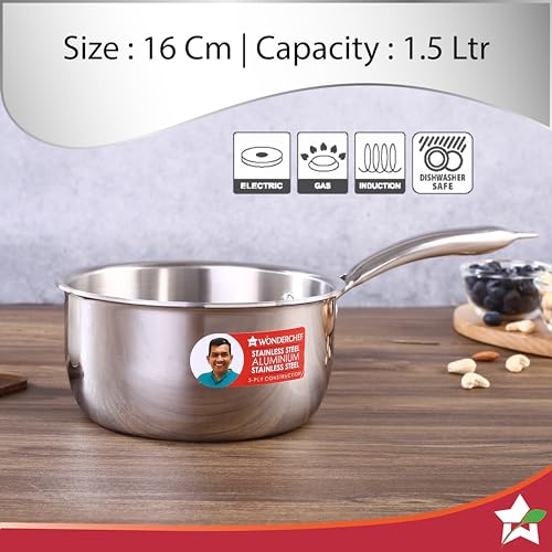 Image of Wonderchef Nigella Tri-ply Stainless-Steel Saucepan /Milkpan 16cm for Kitchen, 1.5L, Non-Toxic, Chemical & PFOA Free, Gas Stove & Induction Friendly, Heavy Bottom, Cool-Touch Handle, 10-Yr Warranty