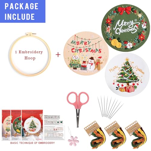Image of LB Christmas Embroidery Kit for Beginners Adults, 3 Sets Hand Embroidery Starter Kit with Wreath Pattern and Instructions Stamped Cross Stitch Kits Include Embroidery Hoop Needles Threads Scissors
