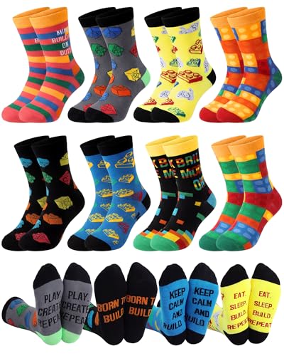 Jamntower 8 Pairs Building Block Socks for Teen Boys Colorful Crazy Crew Socks Building Blocks Themed Birthday Gifts for Party Favors 13-17 Years