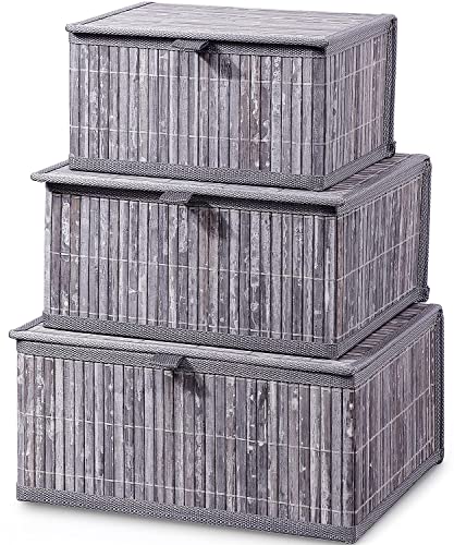 Honygebia Cestino Portaoggetti con Coperchio - Grigio Bambù Decorative Scatola Porta Oggetti, Set di 3 Cesto Vimini con Rivestimento in Tessuto Intrecciato per Cucina Bagno Salotto Organizer
