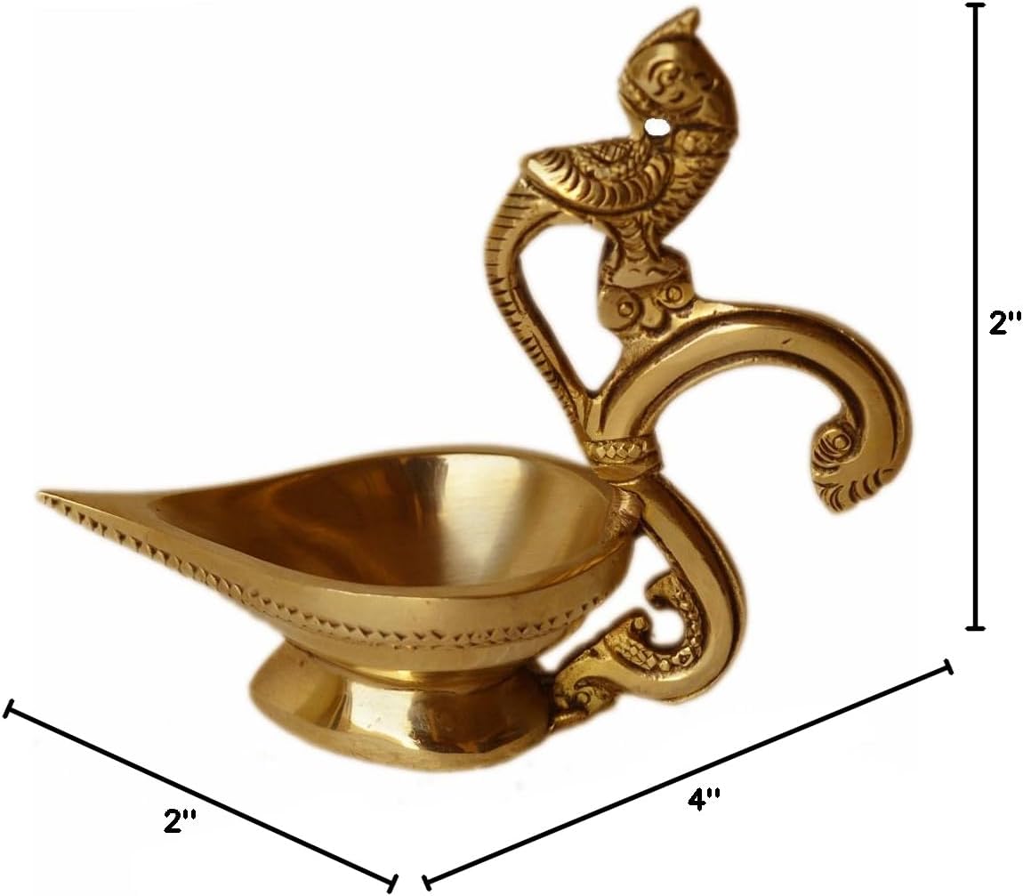 Diya Aarti Pooja Brass Hindu Oil Lamp Puja Handle Akhand Deepak Kamal Traditional Arti - Religious Indian carft for Hindu Temple and Table Decor