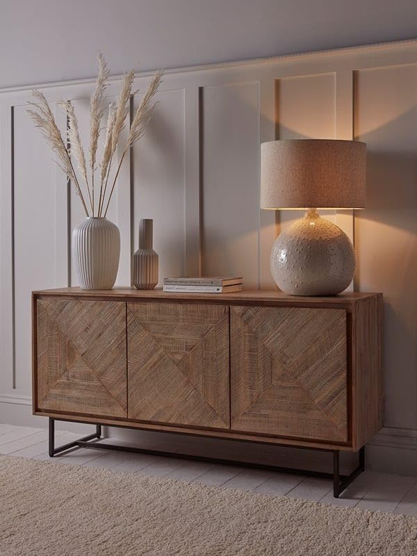 TGF Furniture Store Modern Wooden Sideboard Cabinet – 3-Door Storage Console with Geometric Pattern, Metal Base & Walnut Finish, Buffet Cabinet for Living Room, Dining Room & Entryway-image-14