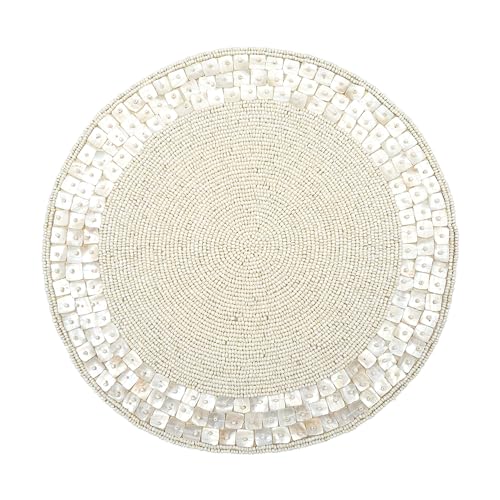 Lightnpro Hand Beaded Round Placemat Charger - 13 Inch Ivory Decorative Seacell Mat for Dining Table - Farmhouse Table Decor for Christmas, Holiday Gatherings, Parties & Family Celebrations - 2Pack