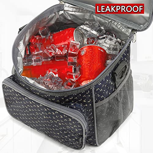 Flowfly Insulated Reusable Lunch Bag Adult Large Lunch Box For Women And Men With Adjustable Shoulder Strap,Front Zipper Pocket And Dual Large Mesh Side Pockets, Alphabet #TOP2