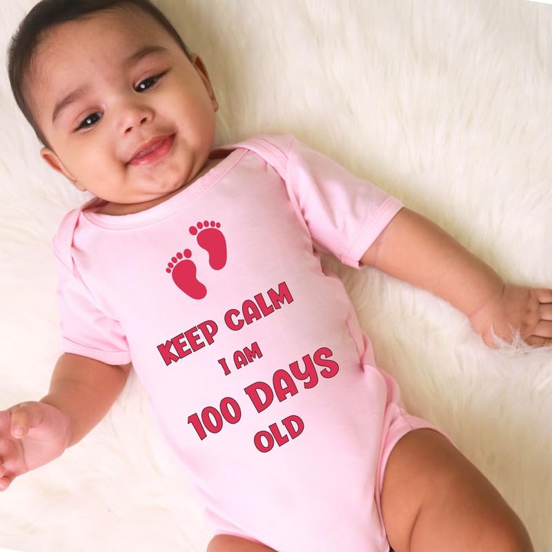 Image of KNITROOT New Born Theme, Keep Calm I Am 100 Days Old, Onesies, Unisex Baby Kids Half Sleeve 100% Cotton Romper, Sleepsuit, Bodysuit, 0-12 Months, Infant Cloths for Boys & Girls