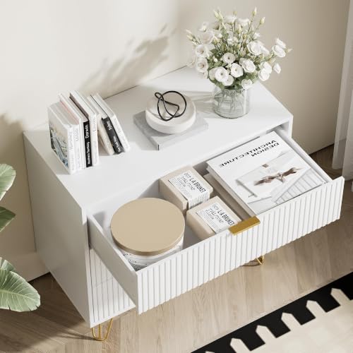 Image of Furniway White Dresser for Bedroom, 3 Drawer Dresser with Gold Pulls, Fluted Modern Chest of Drawers Storage Cabinet, 31.5 inch W x 15.7 inch D x 29.5 inch H