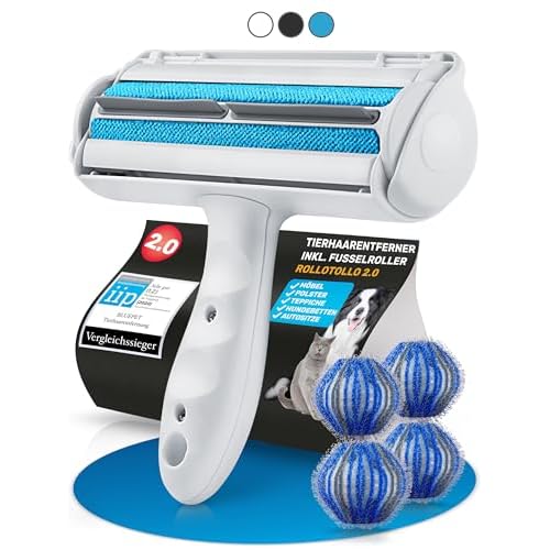 Bluepet® RolloTollo 2.0 Selbstreinigende Fusselrolle - Tierhaarentferner für Haustierhaar, Entfernung von Tierhaar auf Sofa, Bett & Möbel, Fusselbürste für Hundehaare und Katzenhaare