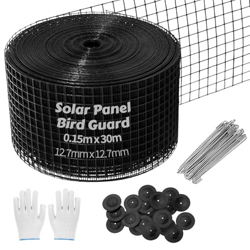 LOMGDOVC Kit de panneau solaire en maille pour oiseaux - 15,2 x 30,5 m - Panneau solaire flexible en PVC - Protection contre les oiseaux pour empêcher les pigeons de nicher avec gants