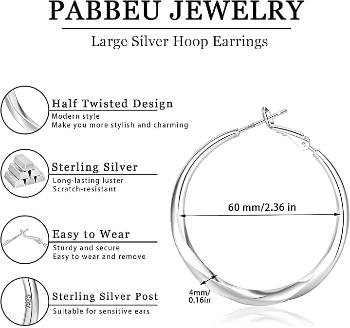PABBEU S925 Sterling Silver Hoop Earrings for Women Lightweight Twisted Hoop Earrings Hypoallergenic Large Silver Hoop Earrings for Women 40/50/60mm - Image 2