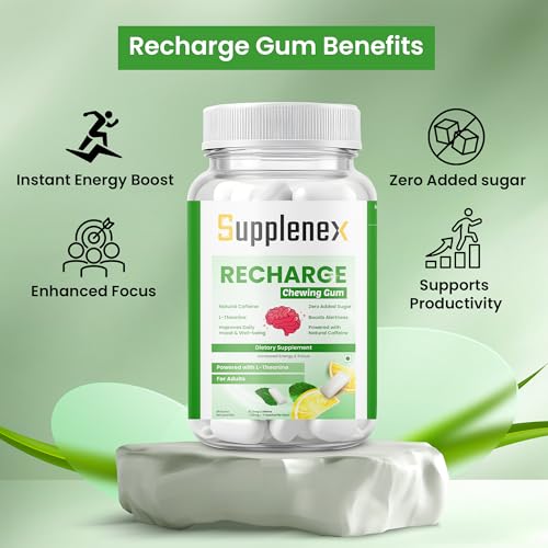 Image of Caffeine Energy Gum with L-Theanine for Focus, Memory & Alertness | Sugar Free Chewing Gum | Mint Flavor | 30 Gums