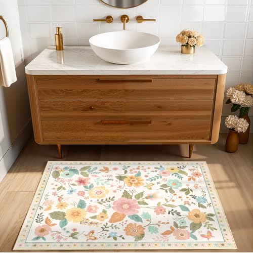 Floral 2x3 Area Rug Machine Washable Soft Print Boho Carpet Non Slip Doormat Low Pile Flower Area Rugs for Living Room Bedroom Nursery Kitchen Dining Room Indoor-Beige/White/Orange