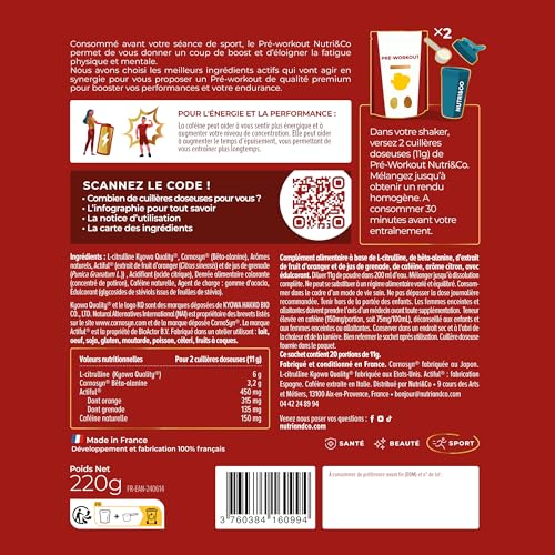 NUTRI & CO Pre-Workout en Poudre Qualité Prémium - Boisson Énergisante avec L-Citrulline KyowaQuality®, Bêta-Alanine Carnosyn® et Caféine - 220g goût Citron - Vegan - Fabriqué en France – Image 4