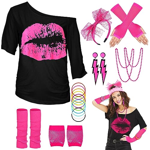 80er 90er Jahre Outfit Damen, T-Shirt, Beinwärmer, Stirnband, Ohrring,...