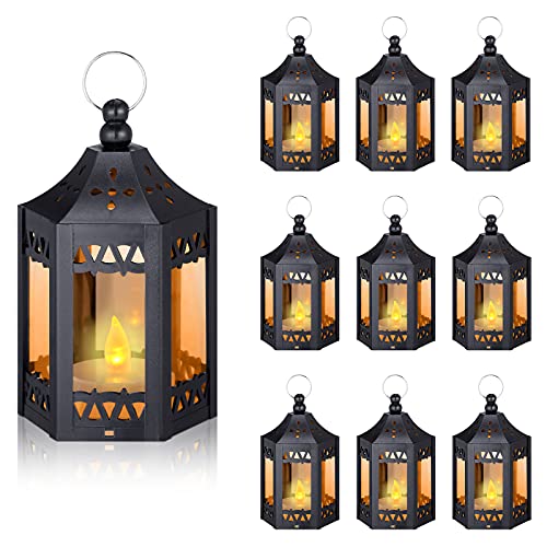 10 Pieces Mini Star LED Lantern with Flickering Halloween Decorative Hanging Lantern Tealight Mini Candle Lantern Battery Operated Portable Vintage Hexagonal Lantern for Home Halloween Party (Black)