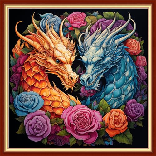 Image of DMCVIVR Stamped Cross Stitch Kits for Adults Beginners Embroidery Kits 11CT Needlepoint Kits Cross Stitch Patterns Embroidery Patterns&Colored Dragon Flower 18x18 inch