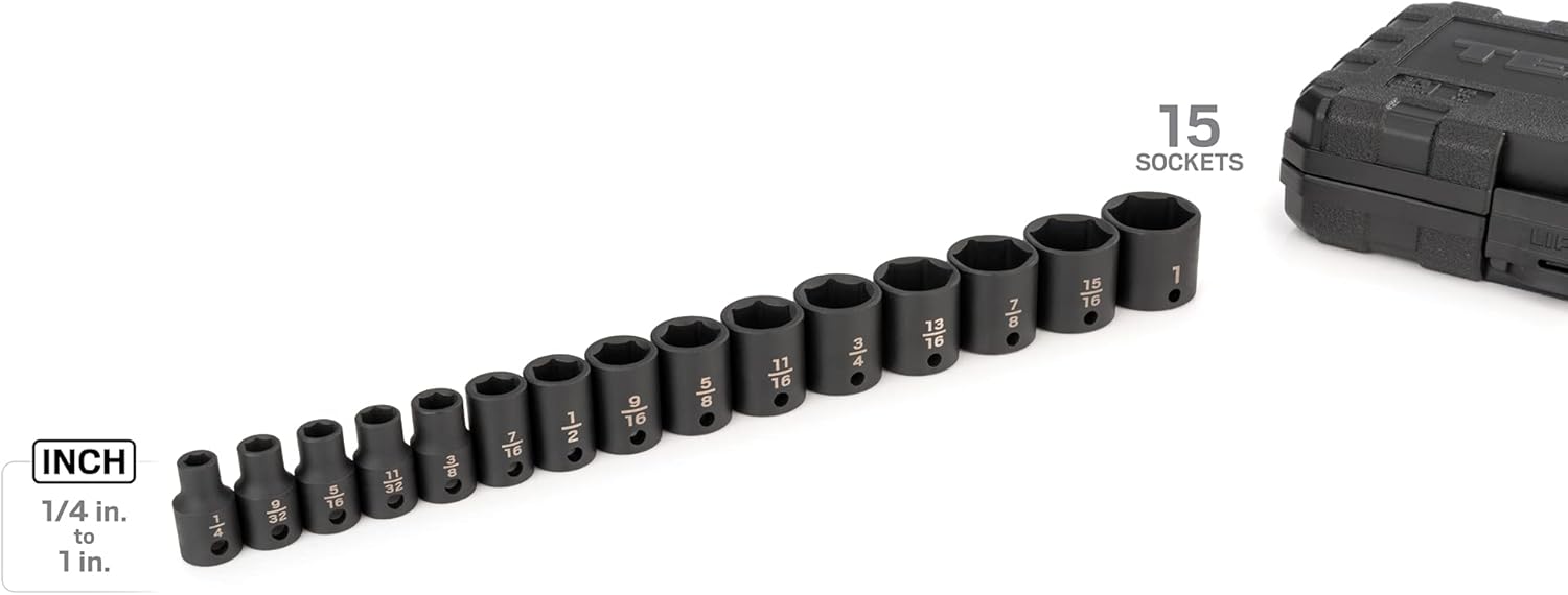 TEKTON 3/8 Inch Drive 6-Point Impact Socket Set, 15-Piece (1/4-1 in.) - Case | SID91300