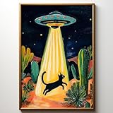 Retro Ufo Canvas Wall Art Desert Cactus Picture Ufo Poster Funny Black Cat Prints Dark Moody Landscape Painting Cat Abstract Animal Poster Alien Abduction Art Desert Landscape Artwork 16x24in No Frame