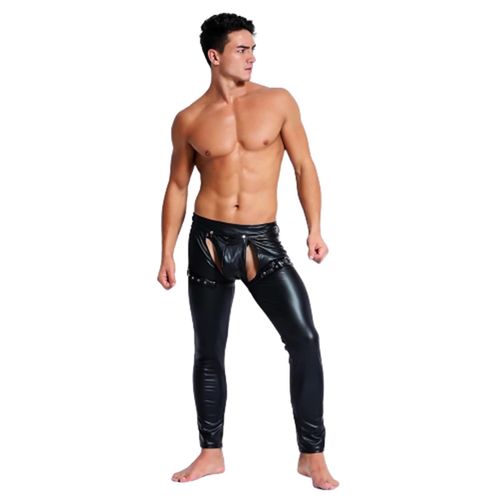 ARIASS Leggings Wetlook for Hommes, Collants Sexy en Latex à Entrejambe Ouvert, Pantalons à Fermeture éclair for vêtements érotiques, Collants de soirée en boîte de Nuit (Color : Black, Size : Large