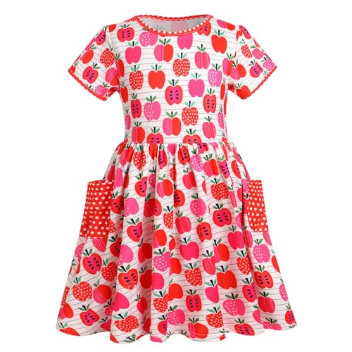 FYMNSI Kids Girls Back to School Dress with Pockets Toddler Little Girl Short Sleeve Crew Neck Summer Casual Dresses