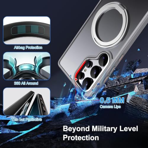 Image of DIZORO TPU Magnetic 360 Ring Stand Case Fit for Samsung Galaxy S24 Ultra Case, Compatible & Wireless Charging,Military Grade Drop Tested,Translucent Hard kick Back Cover (Grey)
