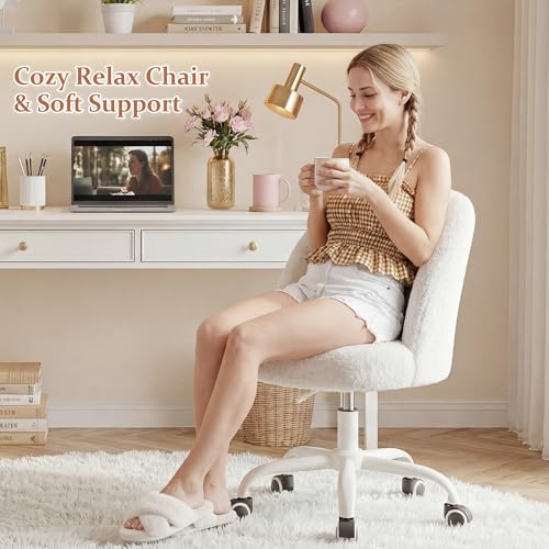 Image of DurayLoly Vanity Chair, Soft Teddy Fleece Makeup Chair with Silent Wheels, Height Adjustable & 360 Swivel, Space-Saving Armless Design, Cream White