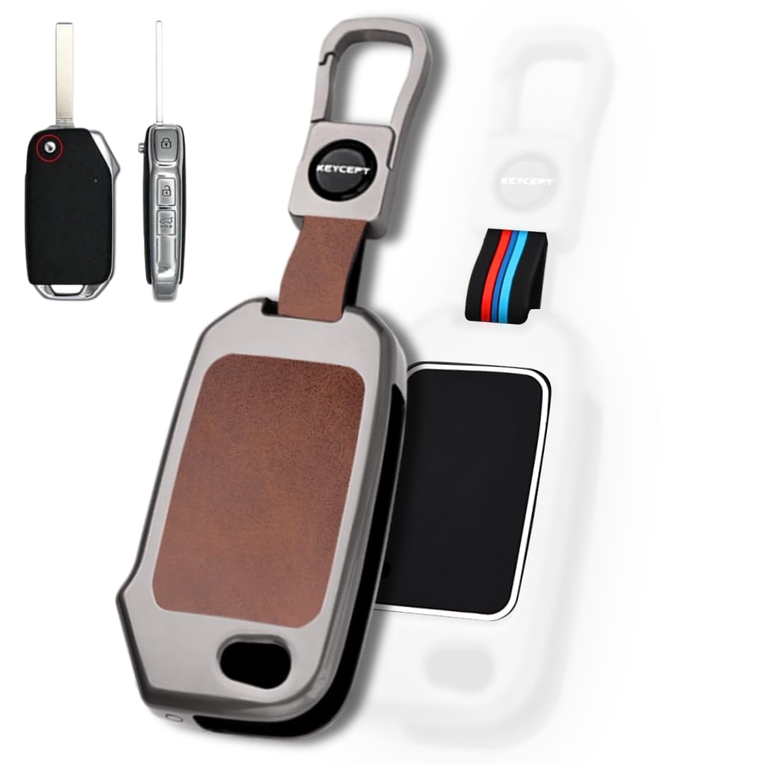 KEYCEPT Metal Key Cover Compatible with Kia Seltos | Sonet | Carens 3 Button Flip Key (Dual Black & Tan).-image-49