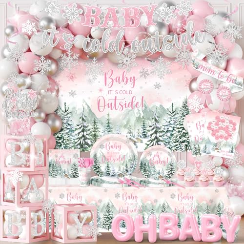 Winter Baby Shower Decorations Girl, Pink Baby It's Cold Outside Baby Shower Woodland Plates Napkins Tablecloth Banner Backdrop Balloon Box Cake Cupcake Topper for Girl Gender Reveal
