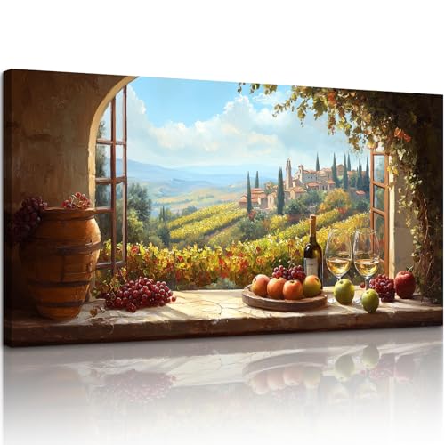 crmotu Faux Window Large Wall Art, Italian Wine Country Landscape Art Prints, Vineyard Picture Kitchen Wall Decor, Sunlit Rustic Grape Fields Paintings for Dining Room Hallway Basement 20x40 Inch