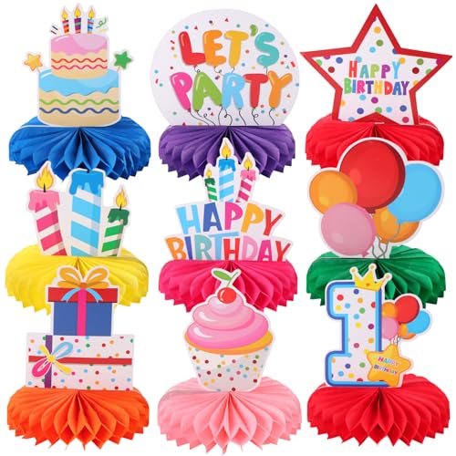 Image of 9pcs Colorful Happy 1st Birthday Honeycomb Centerpieces Colorful First Birthday Party Decorations Let's Party Tabletop Centerpieces Baby Shower One Year Celebration Table Topper Sign Decors