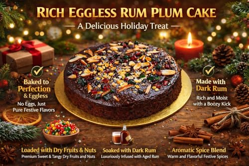 Image of MOM'S BAKERY Rich Rum Plum Cake 250g | Traditional Fruit & Nut Cake with Cashews, Almonds & Raisins | Soft, Moist & Freshly Baked | Soft & Moist Tea Cake | Made with Premium T45 Flour | Fresh Home Baked | No Egg, Vegetarian | Perfect for Tea Time & Snacking | Alcohol Mix