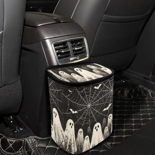 Image of Halloween Ghost Spider Web Car Hanging Trash Can Garbage Can with Adjustable Straps Universal Car Accessories Interior for SUV Trucks