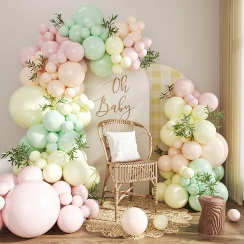 Pink Green Yellow Balloon Arch Kit 124Pcs Pink and Yellow Balloon Arch Garland Kit Light Pink Green Macaron Yellow Peach for Baby Shower Gender Reveal Bridal Shower Birthday Party Decorations