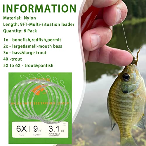 Aventik Fly Fishing Tapered Leader With Loop 6Pcs Packing (9Ft, 1X-10Lb) #TOP5