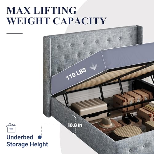 Allewie Full Size Lift Up Storage Bed, Button Tufted Headboard with Wingback, Hydraulic Support, No Box Spring Needed, Grey Blue