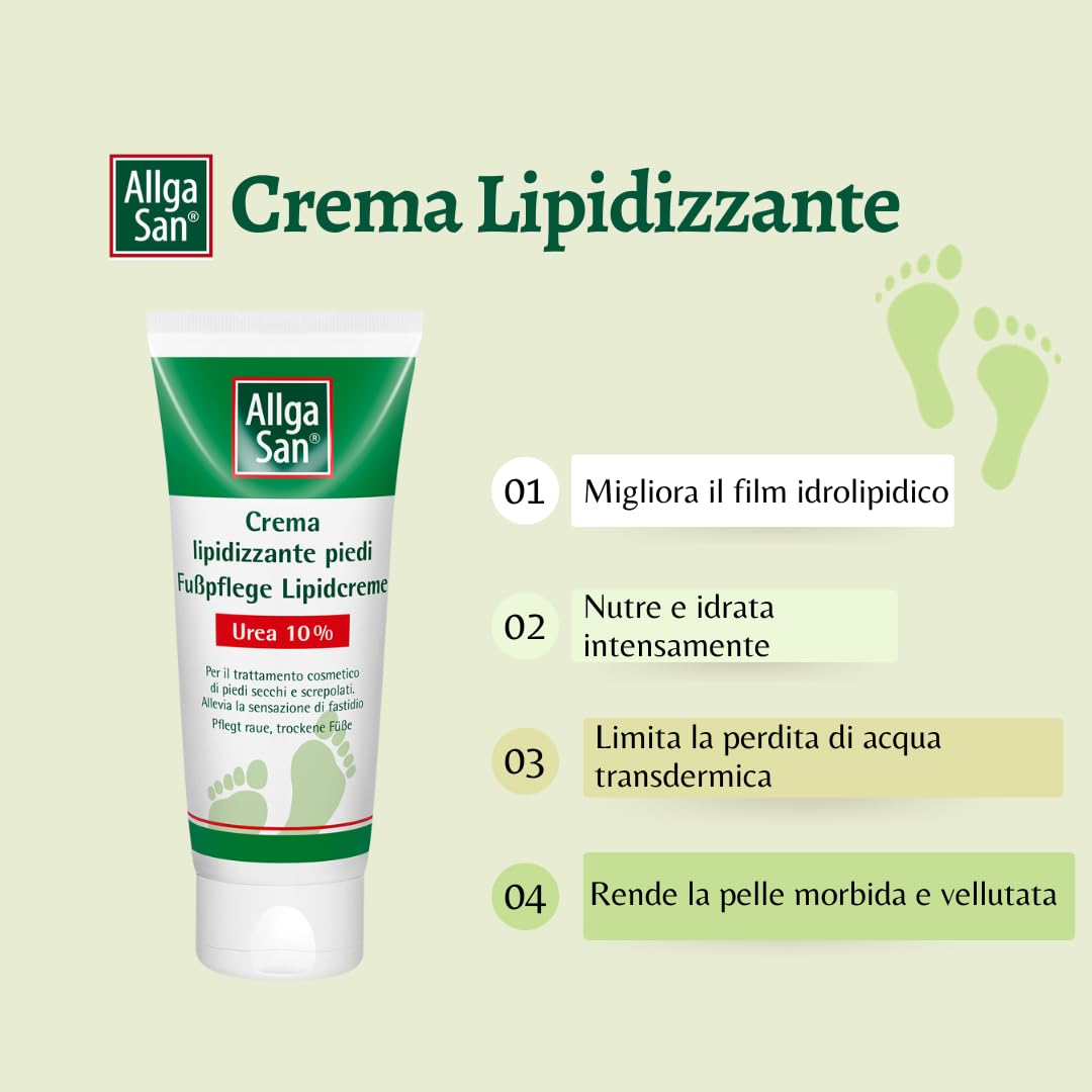 Allga San Crema Piedi Lipidizzante - Crema Piedi Secchi e Screpolati con Urea 10%, 100 ml - Piedi Morbidi e Vellutati dalle Prime Applicazioni - Aiuta a Contrastare Disidratazione e Secchezza Piedi