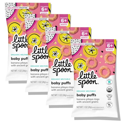 Little Spoon Banana Pitaya Meltable Baby Puffs, Organic Corn Quinoa Sorghum, No Rice, No Added Sugar Snacks, Encourages Self-Feeding, 1 Oz Bag, 4 Pack