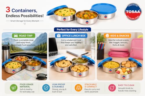 Image of TOSAA Stainless Steel Sigma Container Small - 825 ml (Pack of 3) | Airtight & Leakproof Lid |Compact & Travel-Friendly | Easy to Carry | Perfect for Office, School & Home Use