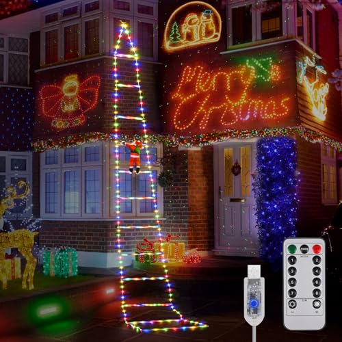 3 M Guirnalda Luces de Navidad con Papá Noel, Escalera con Papá Noel, Temporizador, 8 mode, Luz de Navidad Decoración Interior Exterior Fiestas, Casa, Balcón, Arbol de Navidad (Color)