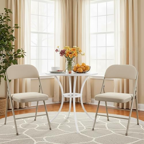 Image of Simple Deluxe Dining Chairs Set of 2, Leather Cushion Foldable Contemporary Kitchen Side Chair with Padded Back & Sturdy Metal Legs, Upholstered Seat for Home /Living Room /Bedroom /Cafe, Beige, Tan