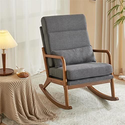 pazezog Rocking Chair,High Back Mid-Century Modern Accent Chair,Nursery Rocking Chair with Wooden Armrest,Upholstered Glider Rocker with Lumbar Pillow for Living Room