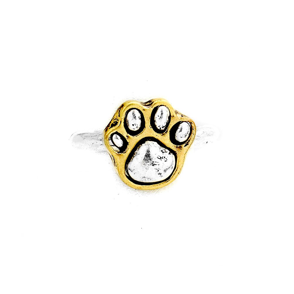 Antiqued Silver Paw Print Ring with Golden Edging