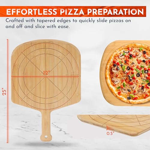 Image of Wooden Pizza Peel 12 Inch Board with Engraved Sizes - Multi-Purpose Bamboo Pizza Cutting Board, Wood Pizza Peel, Pizza Spatula Paddle, and Serving Board with Size and Cutting Guide