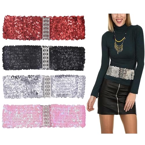 RARITYUS 4 Pack Women's Sparkly Sequin Elastic Waist Belt Glitter Wide Dress Belt Stretch Cinch Belt for Disco Party Costume